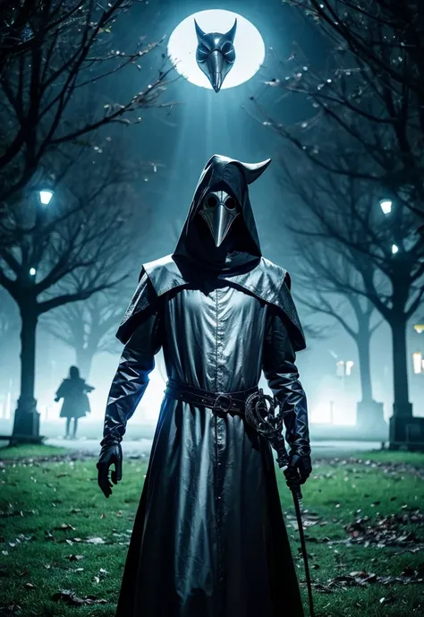 A plague doctor in a creepy silver bird mask is standing in a park at night with a sword。 horror。