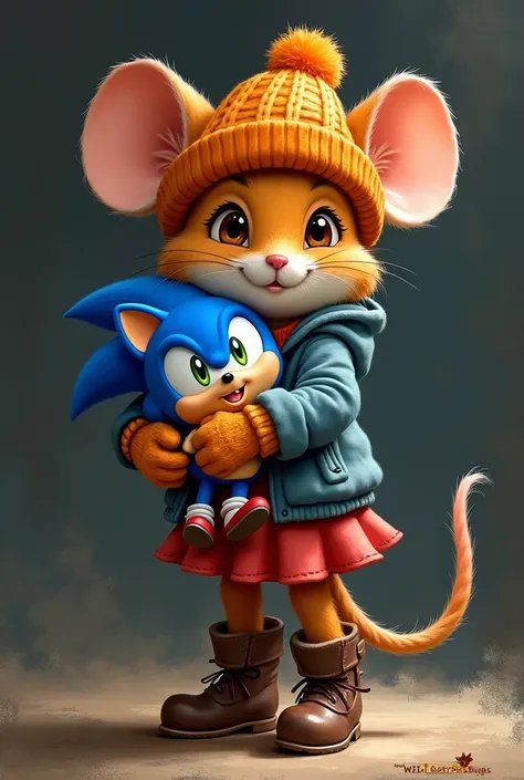  anthropomorphic mouse Mobian with orange wool hat blue sweater red skirt brown boots orange wool gloves hugging a Sonic Mobian style plush toy in dark shaded sketch 