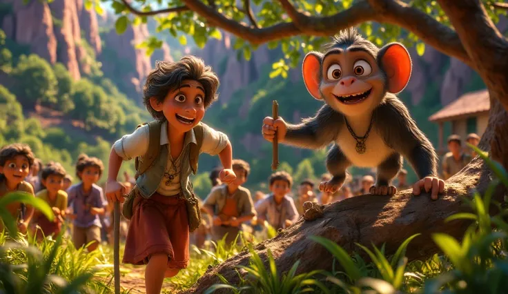 Adult villagers running towards the forest with worried expressions, holding simple tools like sticks and hoes. The monkey is laughing on a tree branch, while the forest in the background is quiet and with no signs of danger.