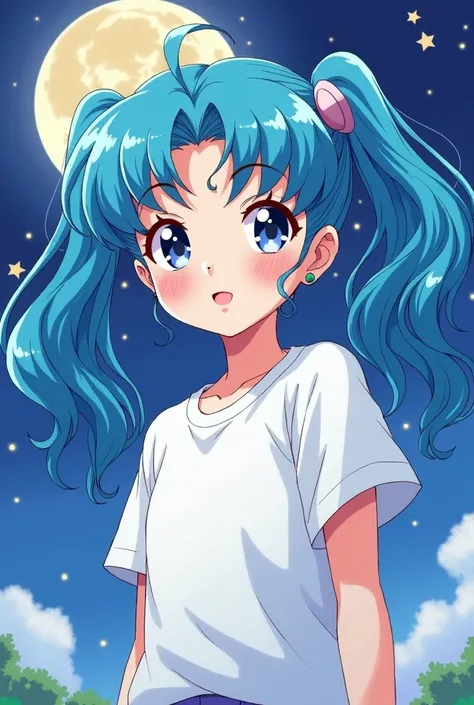 2D, Picture of Sailor Moon wearing white tea , girl,  blue eyes ,  dark hair, Half twintails,  Side Bang , 