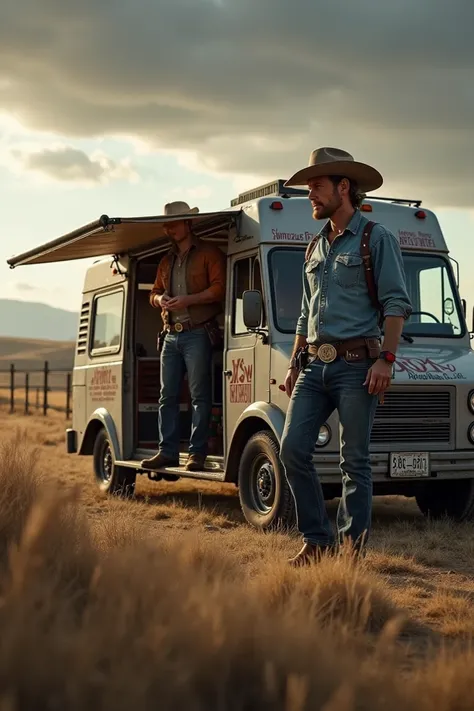 Couple of cowboys in a modern ranch van on their farm 