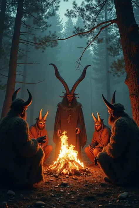  An ancient scene from a European pagan ritual , with villagers dressed in animal skins around a large bonfire in a dense forest. in the center, a figure depicting Krampus ,  with horns and creepy features ,  is worshiped as a symbol of the balance between...