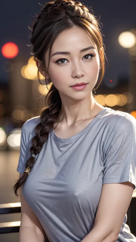 (  Top Quality ,  high resolution, masterpiece :1.3), pretty girl, slim figure, (  brown hair  , braided bun, Very rich hair ), gray t-shirt, (City night view street  ), Highly detailed face and skin texture ,  Beautiful Eyes Ink Art  ,