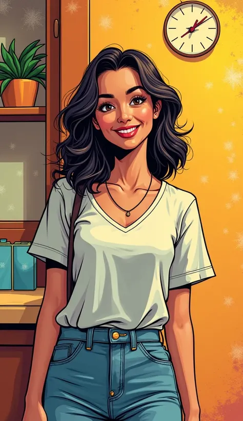 DISCREET image. with discreet casual clothes. image adult woman, american, comic book style. SHE IS HAPPY AND GRATEFUL, with a discreet smile. IMAGES WITH VIBRANT COLORS.