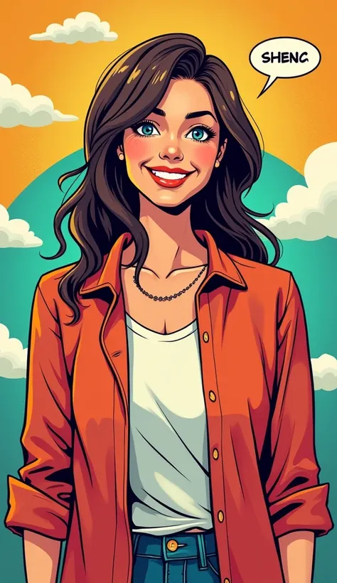 DISCREET image. with discreet casual clothes. image adult woman, american, comic book style. SHE IS HAPPY AND GRATEFUL, with a discreet smile. IMAGES WITH VIBRANT COLORS.