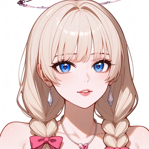 score_9, score_8_consolation, score_7_consolation, 1 woman,  delicate pastel aesthetic, broken pink halo, platinum blonde hair, braided pigtails, pink satin ribbons, lace lingerie, large blue eyes, heart-shaped necklace, elegant charm, feminine style, ethe...