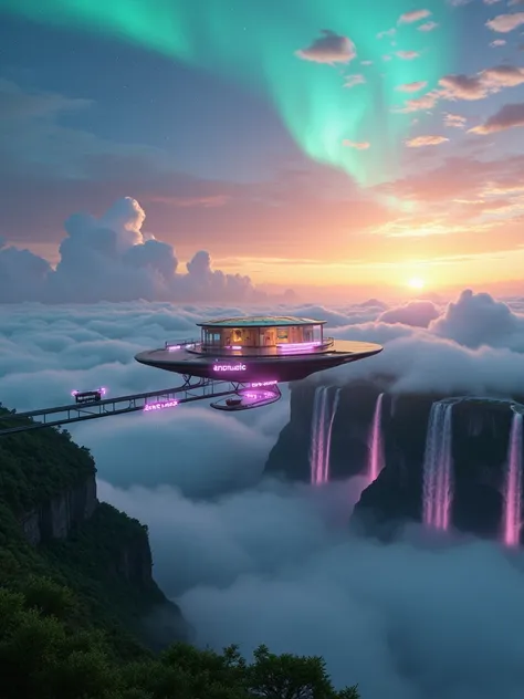 A futuristic music studio situated on a floating island suspended in the sky. The island features lush greenery, glowing waterfalls that cascade into clouds, and a sleek, minimalistic studio design with glowing neon accents. ANZ-MUSIC is prominently displa...