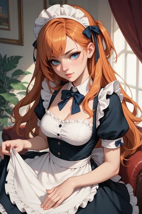 Maid girl with orange hair and blue eyes