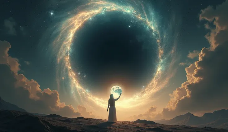 A massive black hole surrounded by cosmic dust and swirling light. The person is shown reaching out, as if about to let go of an orb they are holding, symbolizing release and detachment. The feeling is one of both surrender and transformation. --ar 16:9
