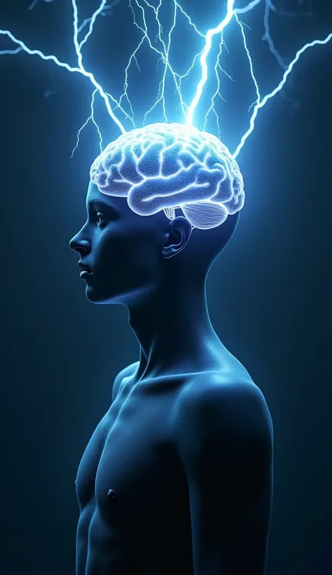 an animation of a human with glowing brain with a lightning effect