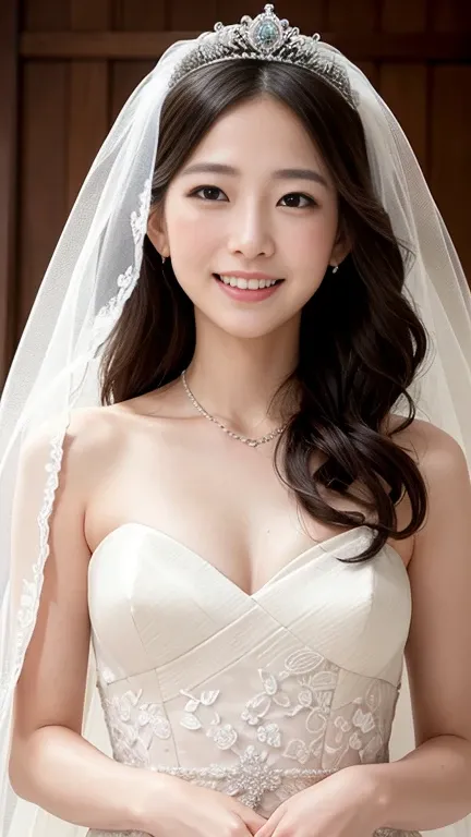 bridal magazine cover:1.5、woman、Japan、aunt、  wedding dress 、  tiara  、Veil、成熟したwoman、Age 30、wife、 Wrinkled Face   、Old and frail、 、  small,   flat chest、 Old body、 Shy laugh  、Freckles、  stains、 