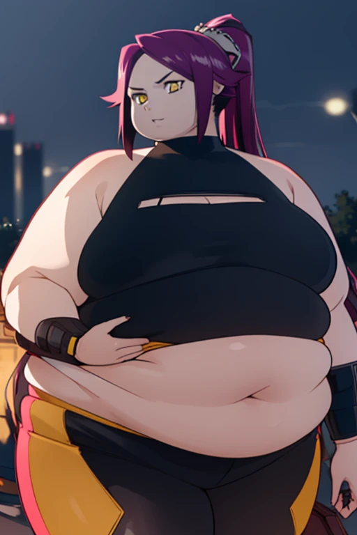 fat yoruichishihouin, yoruichi shihouin, long hair, (yellow eyes:1.5), ponytail, purple hair, dark skin, dark-skinned female,
BREAK bodysuit, obese body, large breasts, black bodysuit, bare arms, bare shoulders, 
BREAK outdoors, thick thighs, fat arms, fat...