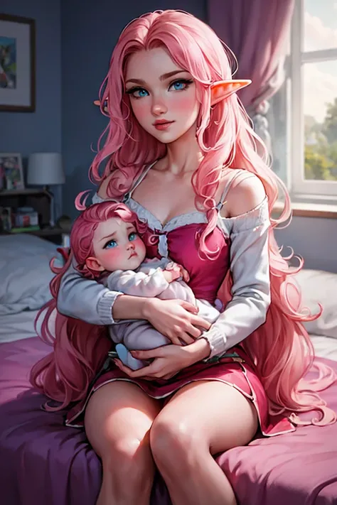 Woman, long wavy hair, blue eyes, pink hair, elf, sitting on bed, holding a baby, small baby 