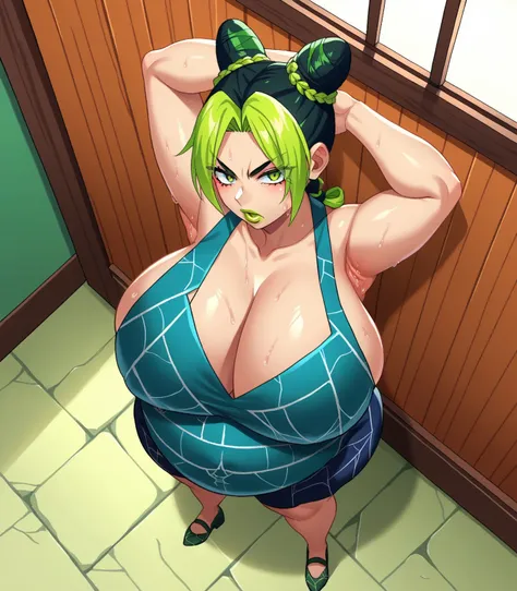 score_9, score_8_above, score_7_above, source_anime, anime screencap,  inside the house, 1 , Alone, kjolyne,  green eyes, two-tone hair,  green hair,  black hair,  double bread , Braided bun,  ponytail braid, green lips, lipstick, make above, spider web pr...