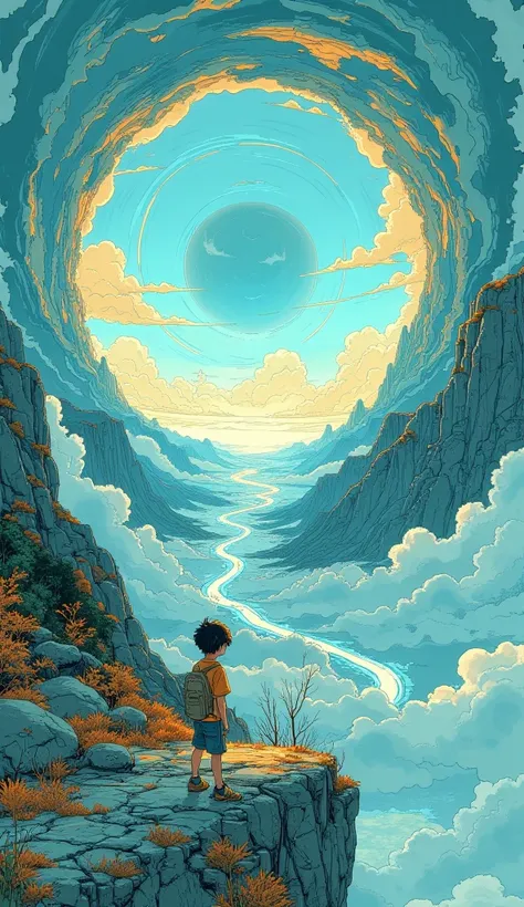 Anime style a painting of a boy bordering an abyss in the sky, anime landscape, inspired by the Hildebrandt brothers , inspired by the Hildebrandt brothers , by David B . Mattingly ,!!!!!!! by the Hildebrandt brothers!!!!!! detailed landscape art , by the ...