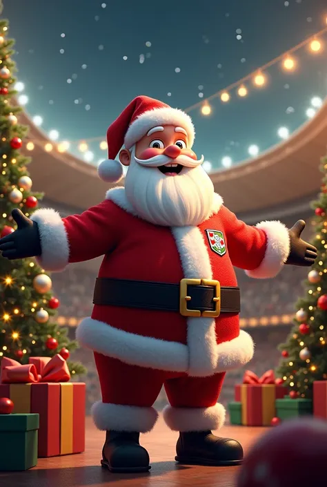 Create an image of a happy, smiling Santa Claus wearing the São Paulo Futebol Clube jersey. He should be in a festive setting, surrounded by Christmas elements such as decorated trees, lights and presents. The traditional Santa Claus costume should be comp...