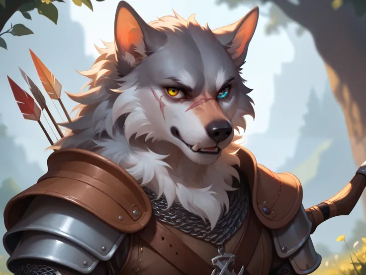 Furry werewolf silver fur scar on his eye heterochromia or eye of a different color wounds on his face archer bow and arrow medieval clothing 