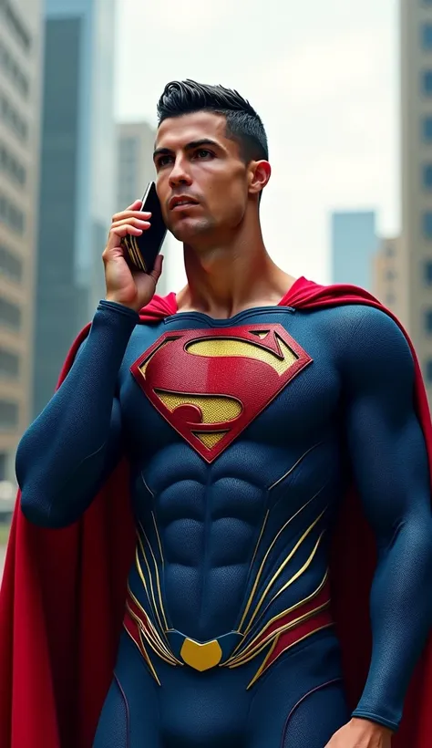 Cristiano Ronaldo,  With the Super Man outfit . answering the phone.  realistic image to the maximum.