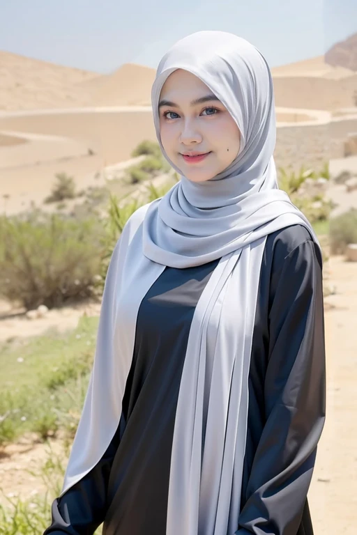 (Half-body:1.1), (:1.5), long tshirt Outfit, (RAW photo, Materpiece, Best Quality), (hijab:1.4), (headscarf:1.2), Mesir Piramida, Desert dust, Wind from the right,  The unknown existence of the seventh heaven, Kaftan, Clothes that are covered and polite, l...