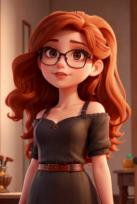 A young woman with fair white skin shoulder mid hair and reddish-orange wavy  hair, brown eyes,large lips, wearing black-framed glasses, big lips and a bright a lipstick color #b4606f color, black t-shirt, sitting at a home office desk. She appears happy a...