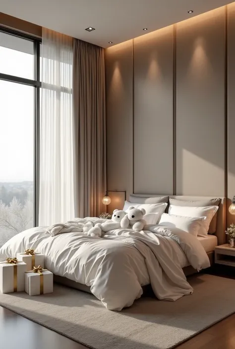 Create a large spacious and minimalist bedroom .  In this minimalist room we have a color palette , longing, brown and gray.  Large king size bed with innovatively designed white duvet ,  a large high ceiling glass wall with white curtain.  Cozy luminosity...