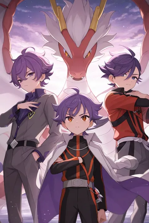 Young man with purple hair surrounded by dragon type Pokemon