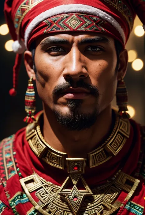 handsome Aztec man with detailed ethnic aztec facial features, intricate Aztec patterns,Santa Claus costume,detailed facial features,striking Aztec-inspired outfit,photorealistic,exquisite lighting,highly detailed,digital art,vibrant colors,dramatic shadow...