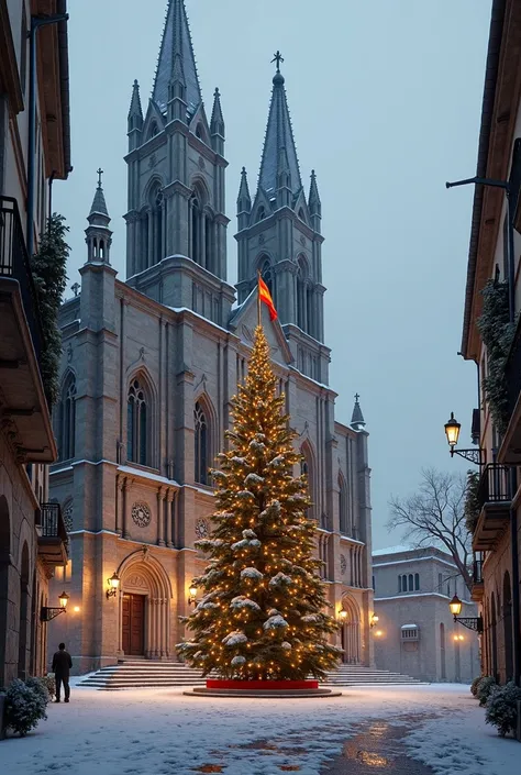  The cathedral of Girona with a Christmas tree on its stairs, a Catalan flag at the top of the tree and snow 