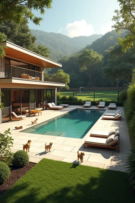 A NICE HOUSE,  volleyball court ,  where in the outdoor patio there is a soccer field, another modern and at the same time vintage ,  and a pool with little dogs running around 