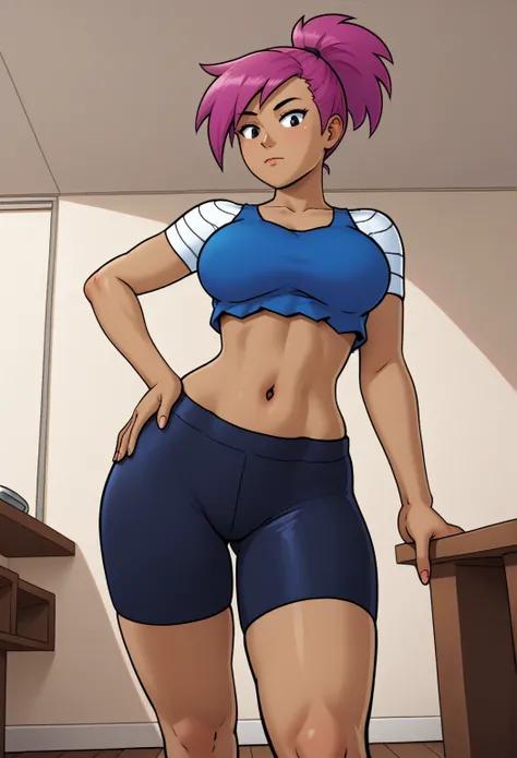 score_9, score_8_up, score_7_up, score_9,4k, HD, 8k, highres, antialiasing, detailed, texture, perspective, cinematic lighting,  enidSDXL, 1girl, solo, ponytail, short hair, large breasts,  blue tanktop, navel, cowboy shot,  pink hair, purple hair, dark sk...