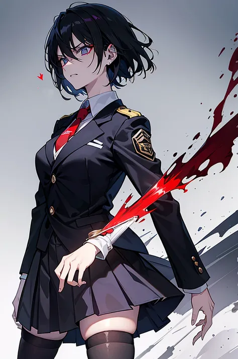 The character depicted in the image has a striking and intense appearance: Gender: Female. Hair: Straight, dark, and shoulder-length, framing her face with a sharp and clean-cut style. Eyes: Piercing and slightly narrowed, exuding a menacing and determined...