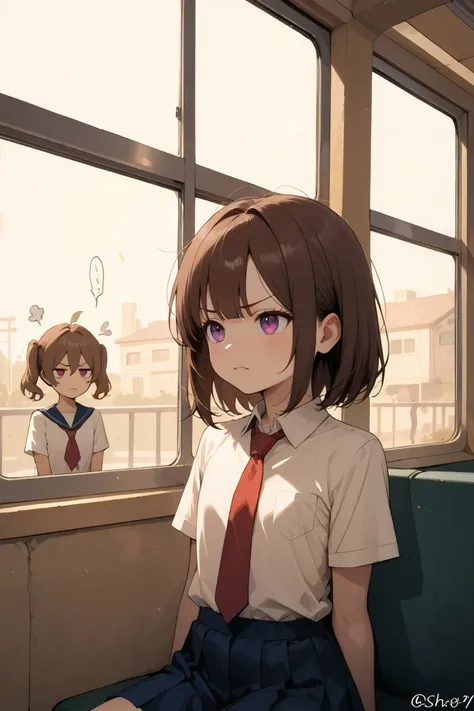 manga artstyle, sepia faded color, a shortstack school girl with purple eyes, she is sitting on the school bus leaning her head against the window, white button up short sleeve top, red tie, flat chested, (expressive purple eyes), brown hair, annoyed exp...