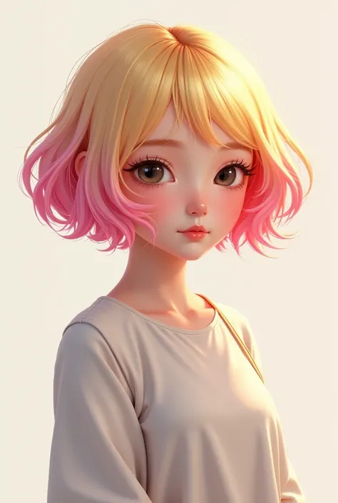 Create a realistic image of a korean-australian girl with blonde hair (pink at the bottom) with a jellyfish haircut