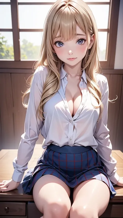 8K quality、High definition、Particles of light（0.5）、High definitionの瞳、slender、Red lipstick、Japanese high school girls、The hem of a rolled up skirt、Realistic female genitalia、Cleavage、classroom、Blonde、Healthy thighs、Long legs、Checkered Skirt、Light blue blous...