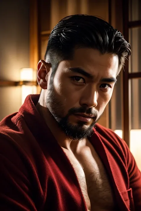 sitting handsome Japanese daddy in santa suit, chest exposed with intricate yakuza tattoos, son sitting on lap, dad and son, detailed face, beautiful detailed eyes, beautiful detailed lips, extremely detailed eyes and face, long eyelashes, intricate detail...