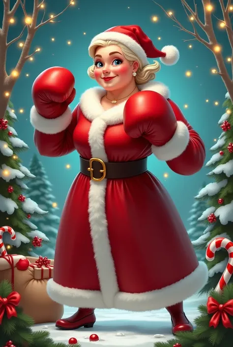 Create a Christmas image of Mother Claus wearing boxing gloves