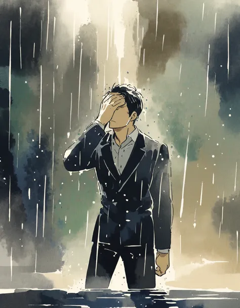  a man in suit in the rain. full body shot of the man who is soaked under the rain. he tilts his head up to face the rain, the rainwater flows down his face. he is walking in the street, holding his hands out to feel the rain. watercolor brushes stroke pai...