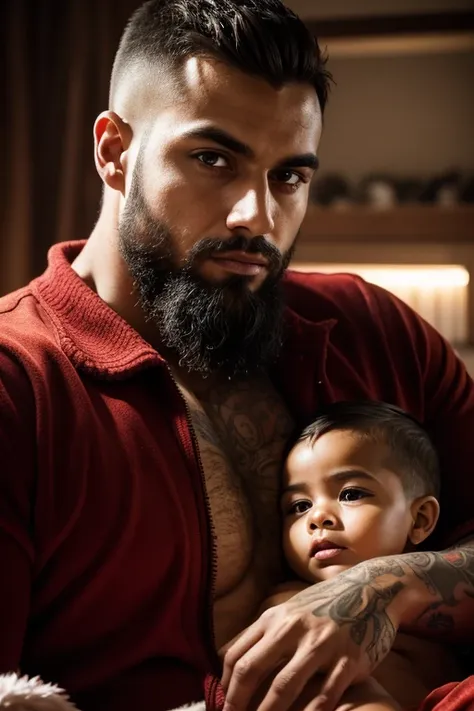 sitting handsome Brazilian daddy in santa suit, chest exposed with intricate tattoos, son sitting on lap, dad and son, detailed face, beautiful detailed eyes, beautiful detailed lips, extremely detailed eyes and face, long eyelashes, intricate details, hig...