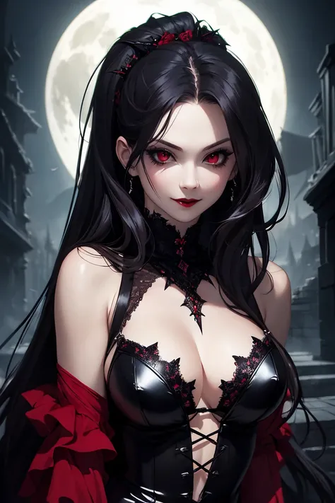 ((Smiling with a seductive expression:1)), (8k,  top quality , masterpiece: 1.2), ( realistic,  realistic: 1.37), Very detailed, Moon Night, an arafed woman in a red dress, a female vampire, a beautiful female vampire, a beautiful vampire female queen, a b...