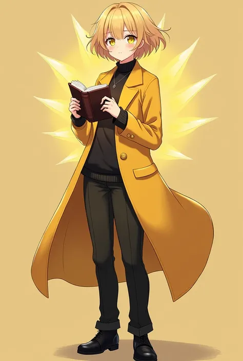 Create a character with the following traits :

woman
Short blond hair
Yellow eyes
Yellow overcoat with light details
Black pants
Black shoe
Mature appearance
It makes her body very attractive 
Place a book with light power around her
Anime version