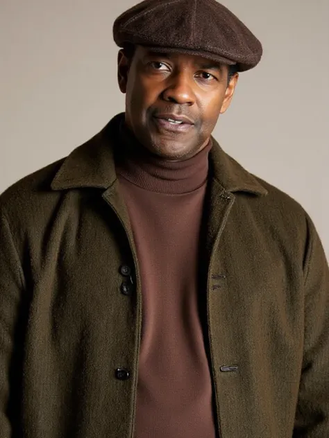 Denzel washington,waffle knit jacket in moss,brown faux felt gambler hat,fleece-lined black gloves