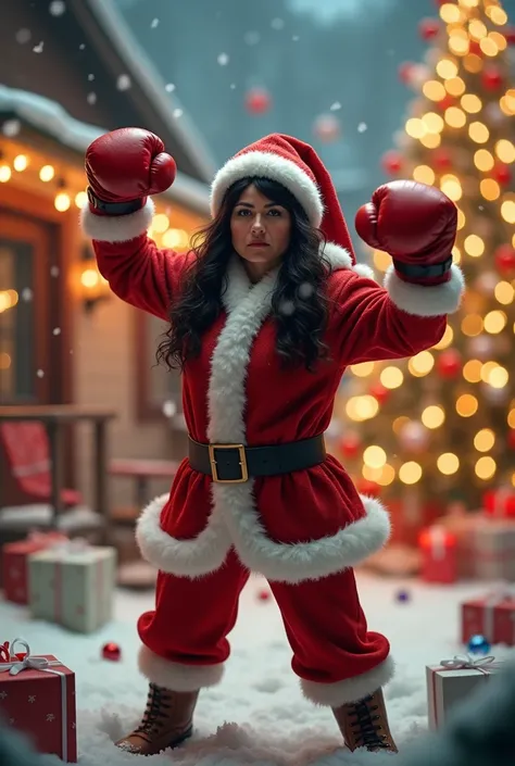 Create a Christmas image of Mom Claus wearing boxing gloves Mom Claus with black hair