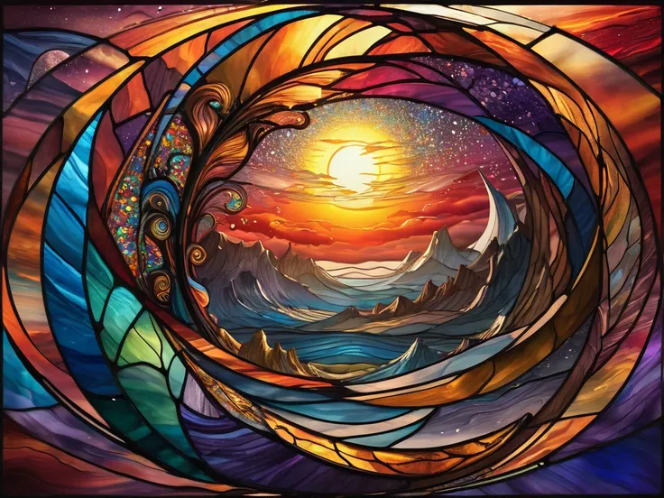 a wonderful sunset on a strange and mysterious planet in stained glass style with large colored pieces around us, like a helix they grow longer & shorter in the background. Embossed and detailed, like a whirlwind around us, growing longer & shorter with de...