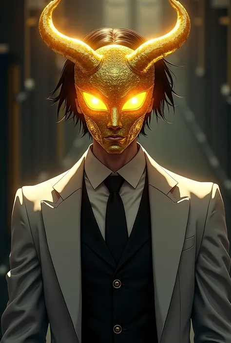 Generate a anime guy, He wears a Grey suit with black vest and also wears a Glowing mask of gold shards and has Golden Curved horns on his head