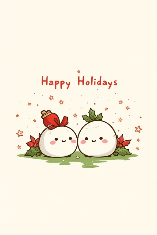 masterpiece,  greeting card design ,text:((("Happy Holidays"))),  2 Cute Japanese White radish Characters, it has leaves  、Soft Shaded Wallpaper  、  Cute Christmas Motifs Patterns ,  high image quality,  Soft Contrast 