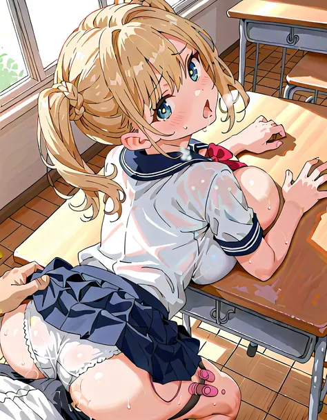 (masterpiece, beautiful,hughres,CG,8k,16k, top quality ,  high res , Detailed Fingers , detailed hands ,Detailed legs, detail eyes:1.5),Pay attention to the panties, One girl ,Alone,(classroom:1.5),(Blonde:1,5),( braid hair, twin tails:1.5),( school unifor...