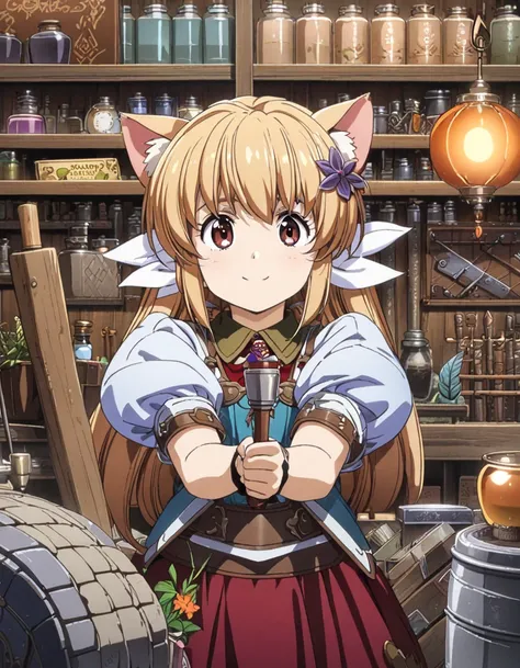 1girl,cat ears,kawaii,cute,fantasy clothes,little smile,BREAK,(fantasy tool shop:1.3),nice pose,a bunch of medicinal herbs,potion,hardware,aisles,shelves,tool section,hardware section,a balance,plants, lantern,wooden bucket,scrolls,blackboard,vase, pot,jar...