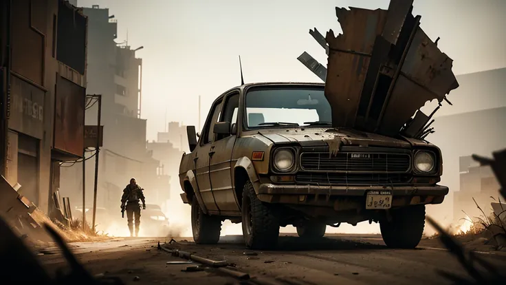 a post-apocalyptic character from the game MadMax, driving a car, armed, 3D, 4k, exterior view, highly detailed, photorealistic, cinematic lighting, gritty, weathered, dystopian, moody atmosphere, dynamic composition, dramatic pose, cinematic framing, volu...