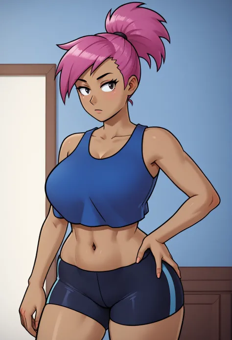 score_9, score_8_up, score_7_up, score_9,4k, HD, 8k, highres, antialiasing, detailed, texture, cinematic lighting,  enidSDXL, 1girl, solo, ponytail, short hair, large breasts,  blue tanktop, navel, cowboy shot,  pink hair, purple hair, dark skin, shorts, m...