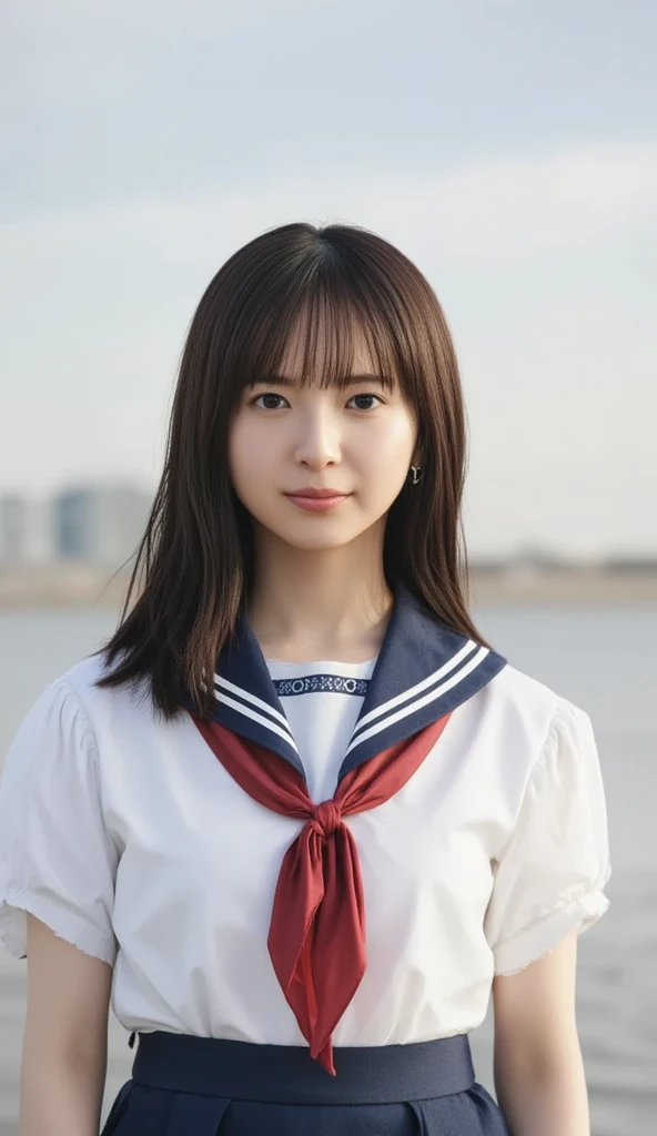 ((( super high res、 I was particular about every detail:1.4)))、 seaside dyed by the sunset 、 playing alone in the water 、 Cute Japanese  、 black hair that extends to her shoulders、 Bangs cut above her eyes  、 wearing a traditional Japanese uniform 、 sailor...